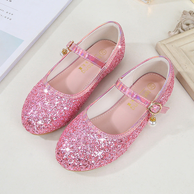 Girl Glittering Mary Jane Ballet Flats with Pearl Application Mune Fashion