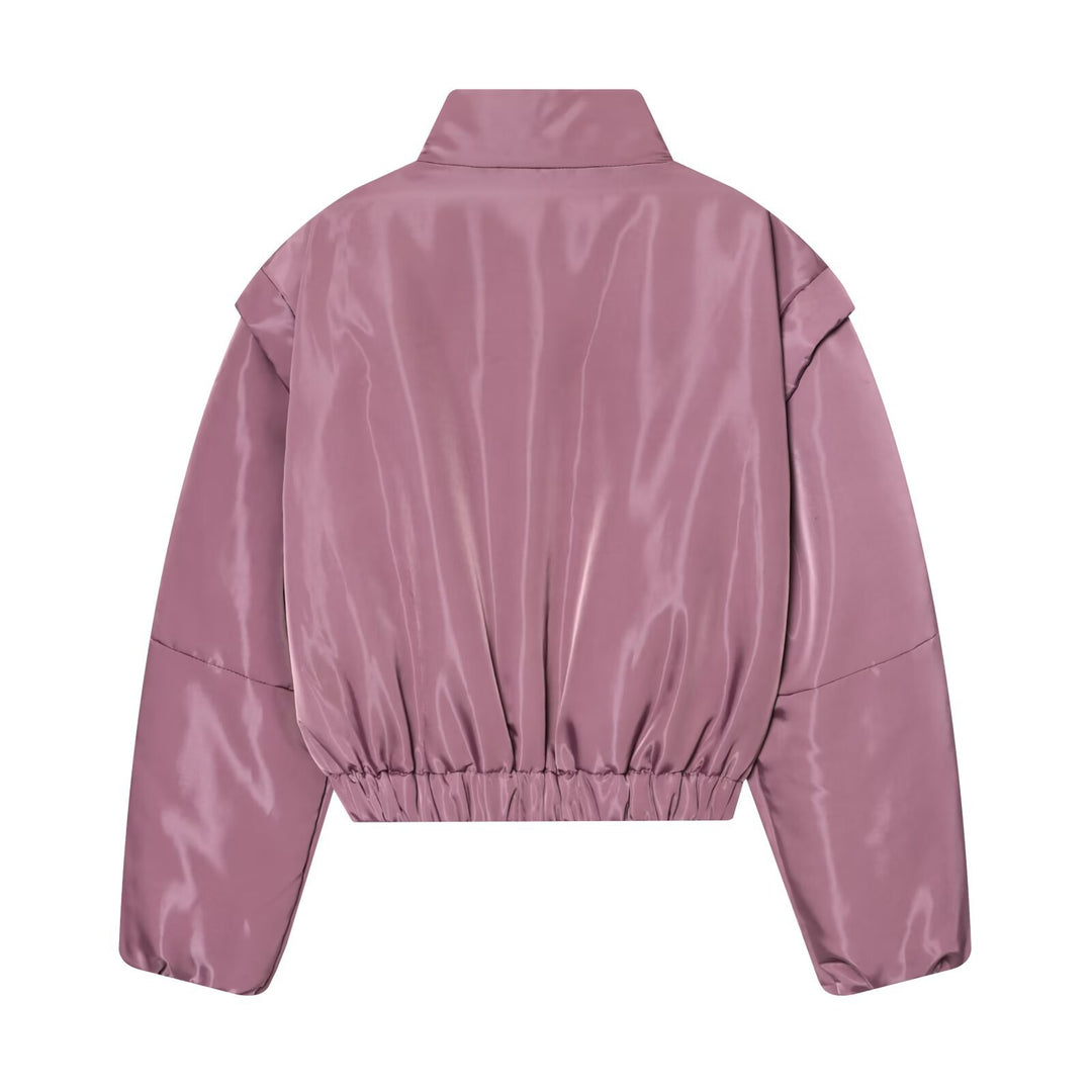 Women Shiny Cropped Bomber Jacket with Stand Collar and Elastic Waist Mune Fashion