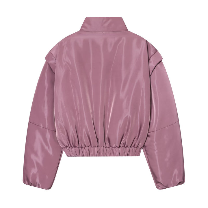 Women Shiny Cropped Bomber Jacket with Stand Collar and Elastic Waist Mune Fashion