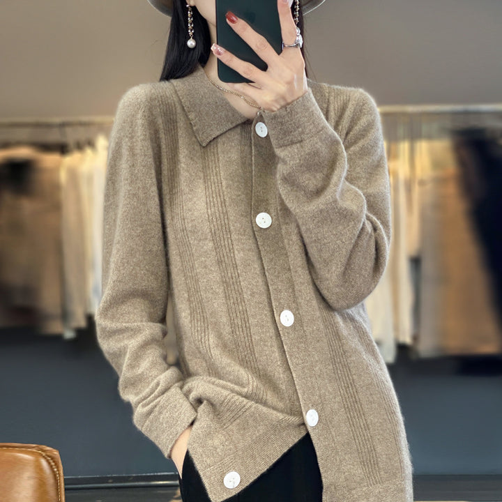 Women's button cardigan with shirt collar and fine vertical ribbed texture Mune Fashion