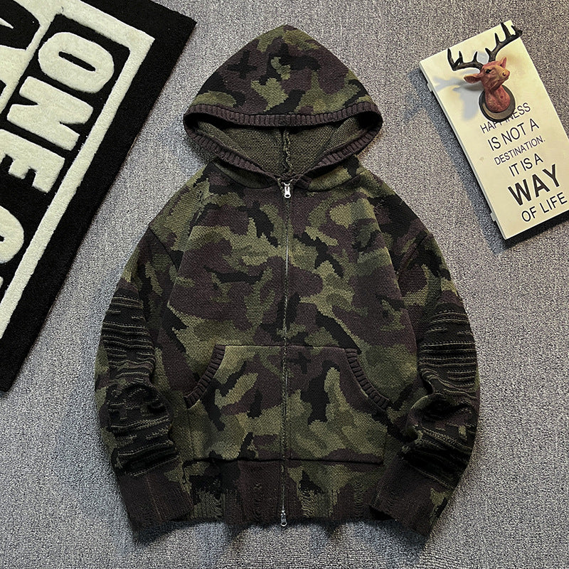 Men's knit hoodie jacket in camouflage look with zipper and used details Mune Fashion