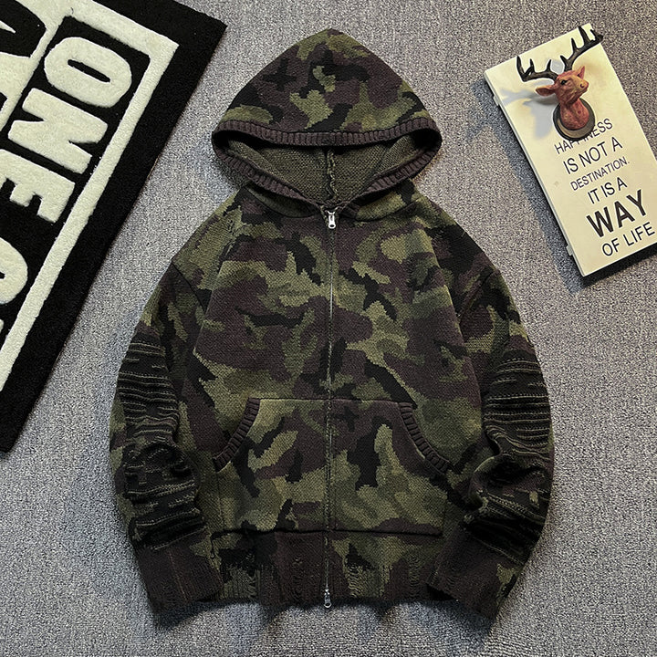 Men's knit hoodie jacket in camouflage look with zipper and used details Mune Fashion