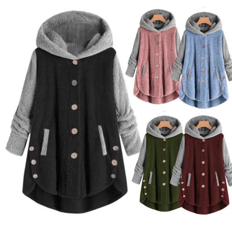 Women's Oversized Teddy Coat with Hood, Asymmetrical Zigzag Hem and Wooden Button Placket Mune Fashion