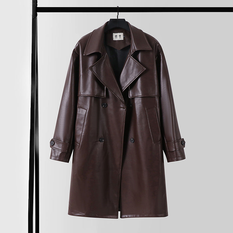 Men's Faux Leather Trench Coat with Double-Breasted, Oversized Cut and Cuff Straps Mune Fashion