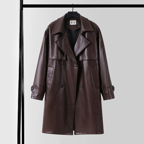 Men's Faux Leather Trench Coat with Double-Breasted, Oversized Cut and Cuff Straps Mune Fashion