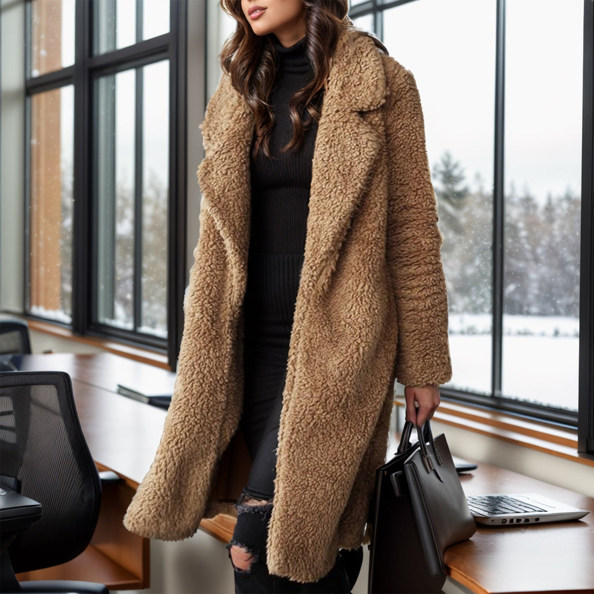 Women's Long Teddy Coat made of Faux Fur with Oversize Cut and Shawl Collar Mune Fashion