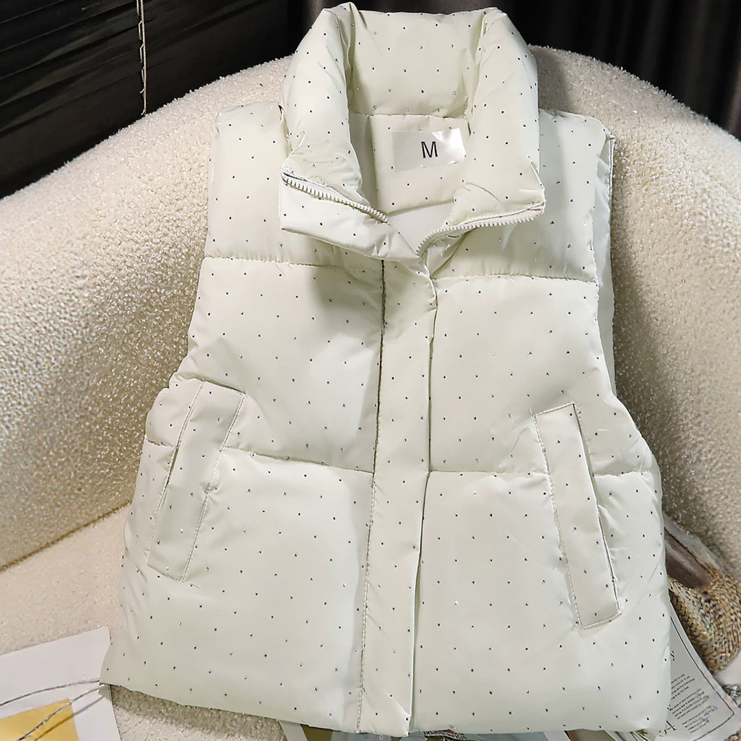 Women's Padded Quilted Vest with High Collar and Discreet Rhinestone Applications Mune Fashion