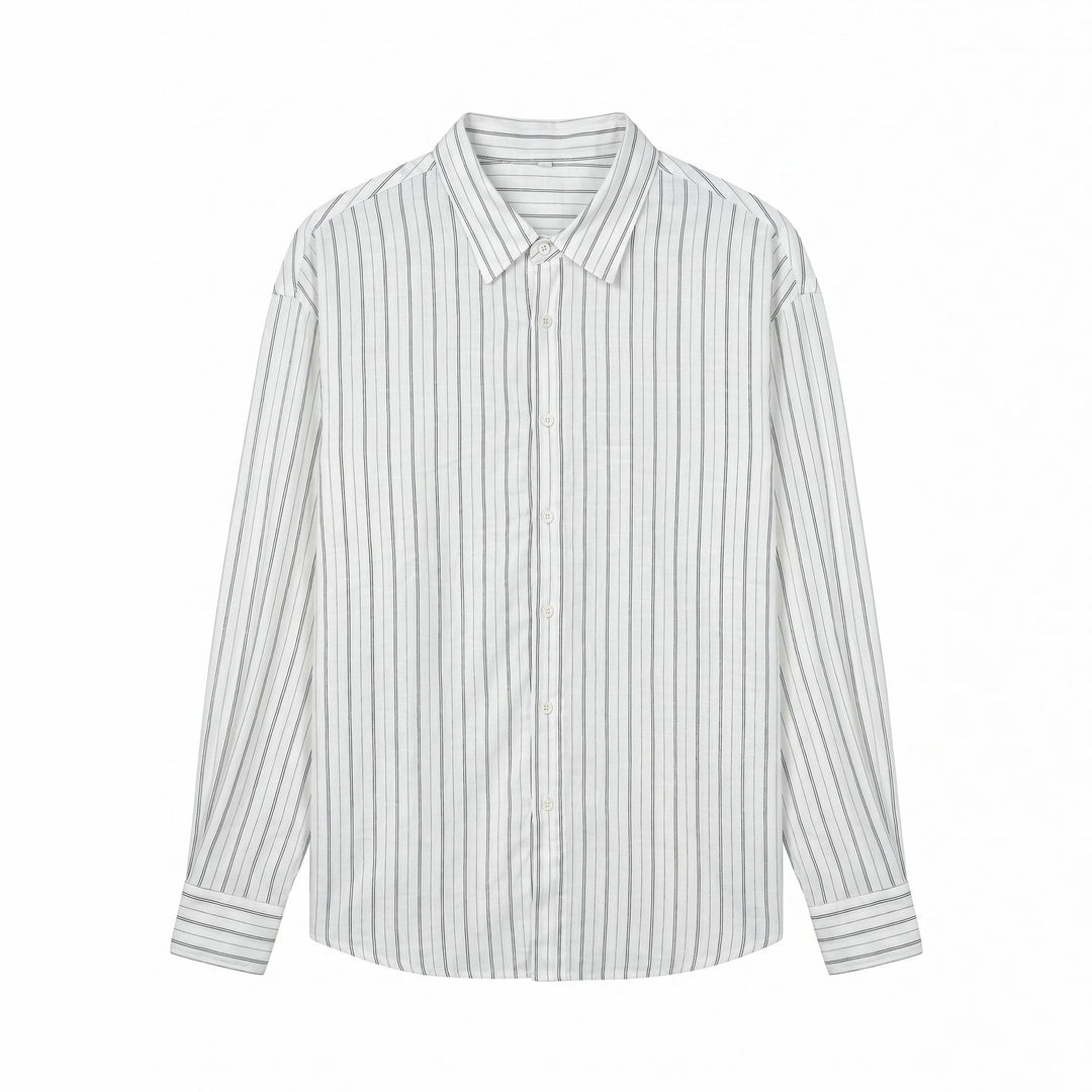Unisex Long Relaxed-Fit Striped Shirt with Kent Collar and Rounded Hem Mune Fashion