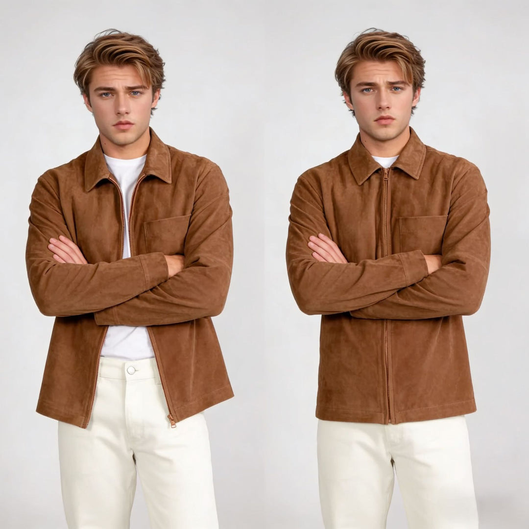 Men's suede jacket with zipper and shirt collar Mune Fashion