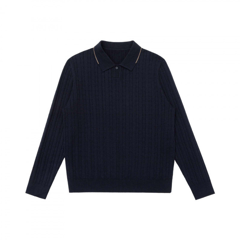 Men's polo collar knitted sweater with cable pattern and fine button placket Mune Fashion