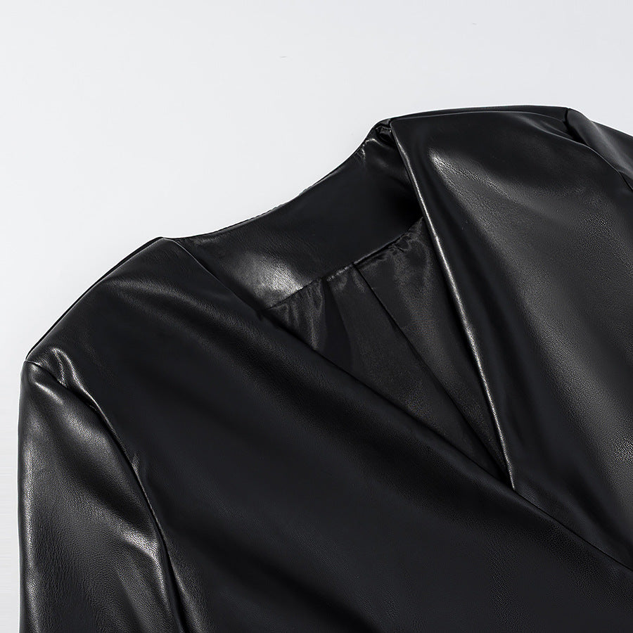 Women Fitted Blazer Jacket in Leather Look with Single Button and Contouring Darts Mune Fashion