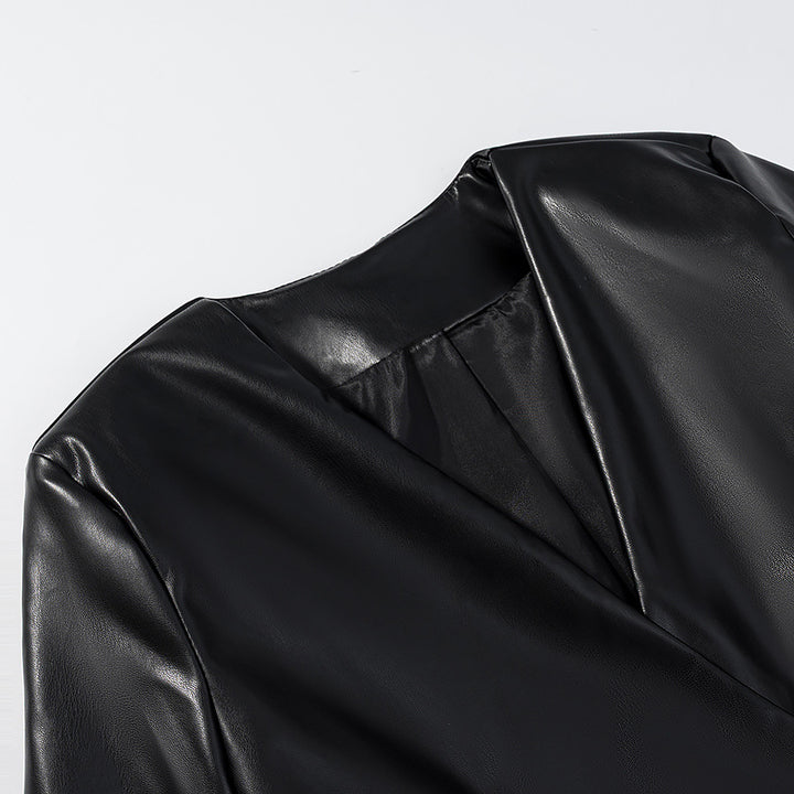 Women Fitted Blazer Jacket in Leather Look with Single Button and Contouring Darts Mune Fashion