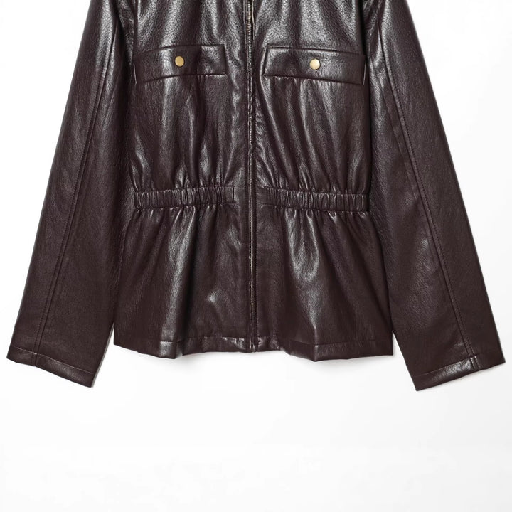 Women's short jacket in vegan leather look with cinching drawstring and flap pockets Mune Fashion
