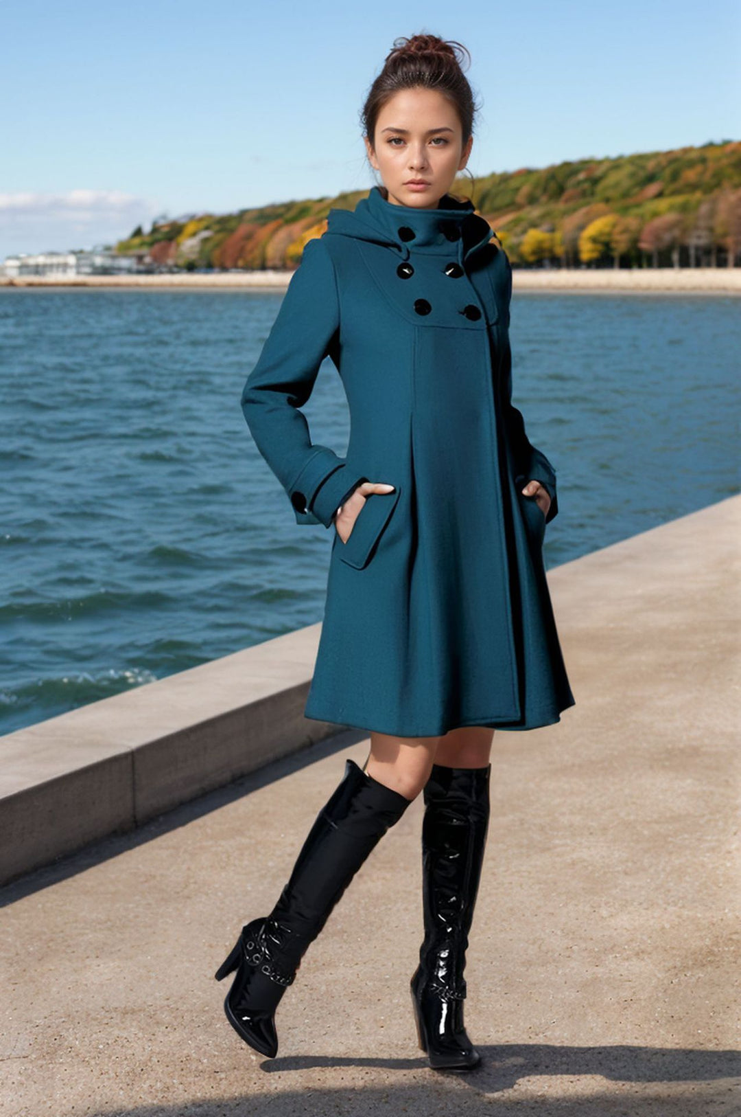 Women Tailored Wool Blend Coat with High Stand-Up Collar and A-Line Silhouette Mune Fashion