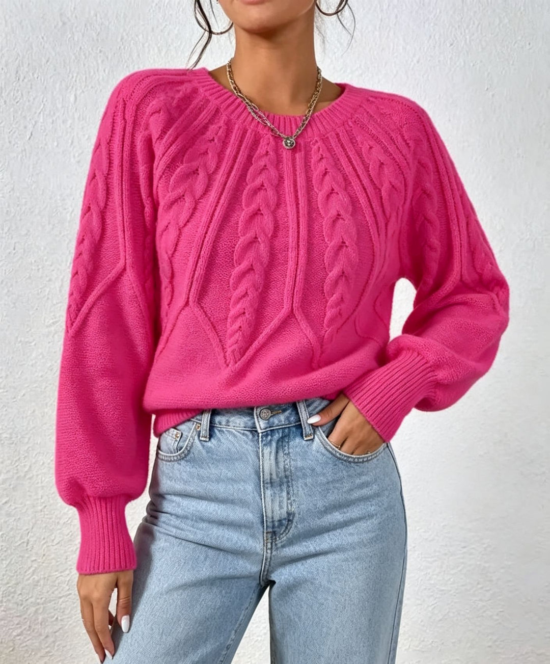Women short-cut chunky knit cable sweater with balloon sleeves Mune Fashion