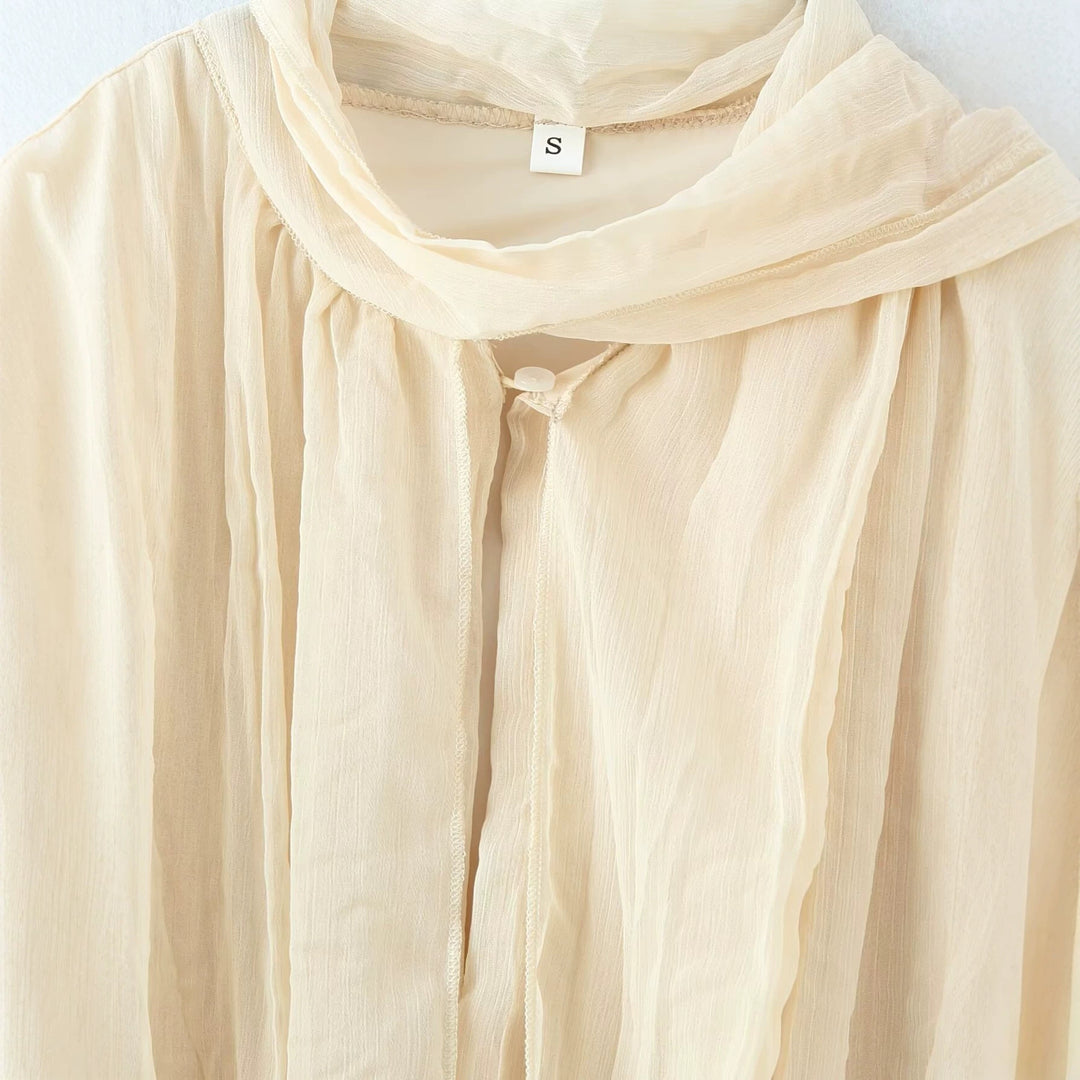 Women Pleated Chiffon Blouse with Bow Collar and Gathered Hemline Mune Fashion