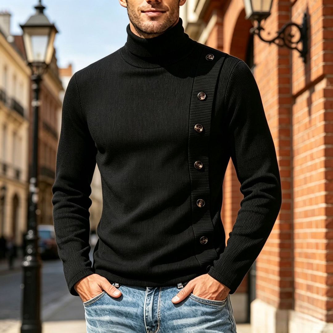 Men's Slim-Fit Turtleneck Sweater with Asymmetrical Decorative Button Placket Made of Ribbed Knit Mune Fashion