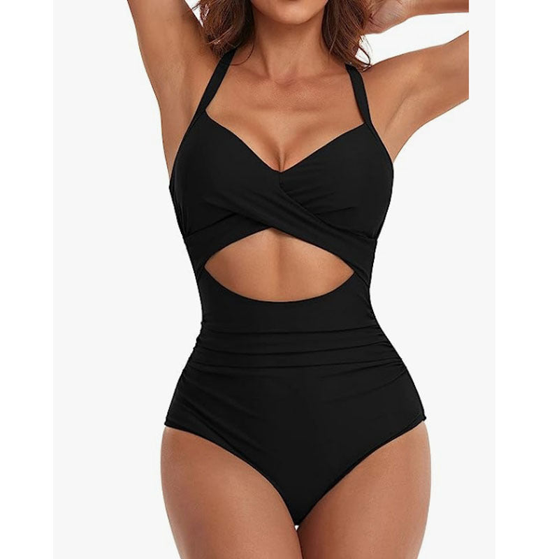 Women One-Piece Swimsuit with Crossed Top and High Cut Mune Fashion