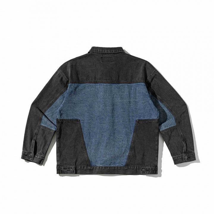 Unisex Two-tone Oversized Denim Jacket in Worker Look with Patch Chest Pockets and Straight Hem Mune Fashion