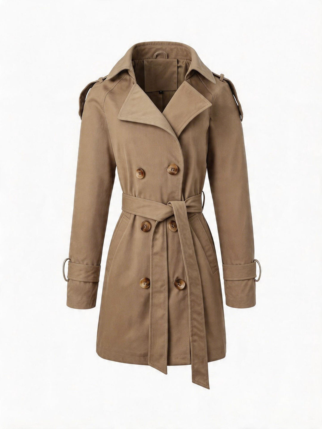 Women Tailored Trench Coat with Tied Belt, Shoulder Tabs and Metal Ring Details Mune Fashion