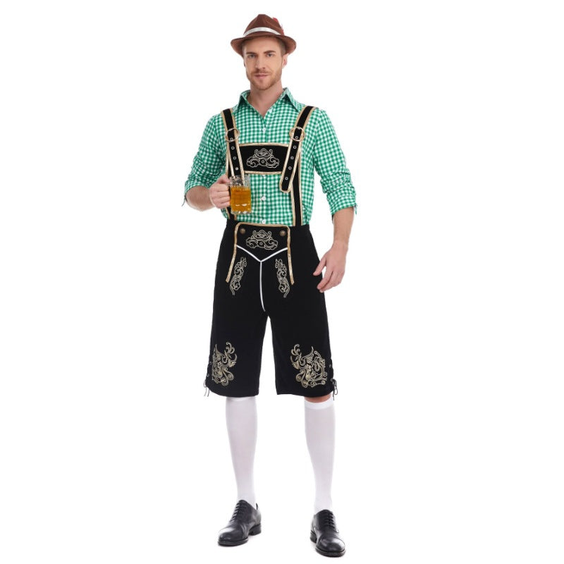 Men's faux-felt leather knee-length pants with baroque embroidery, adjustable straps, and decorative rivets Mune Fashion