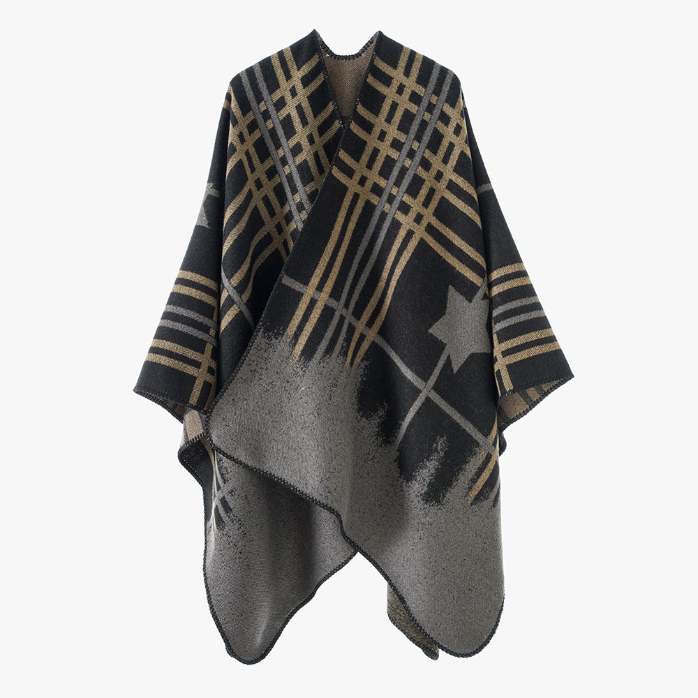 Women's Oversize Cape Poncho made of wool mix with star and check jacquard and softly falling drape