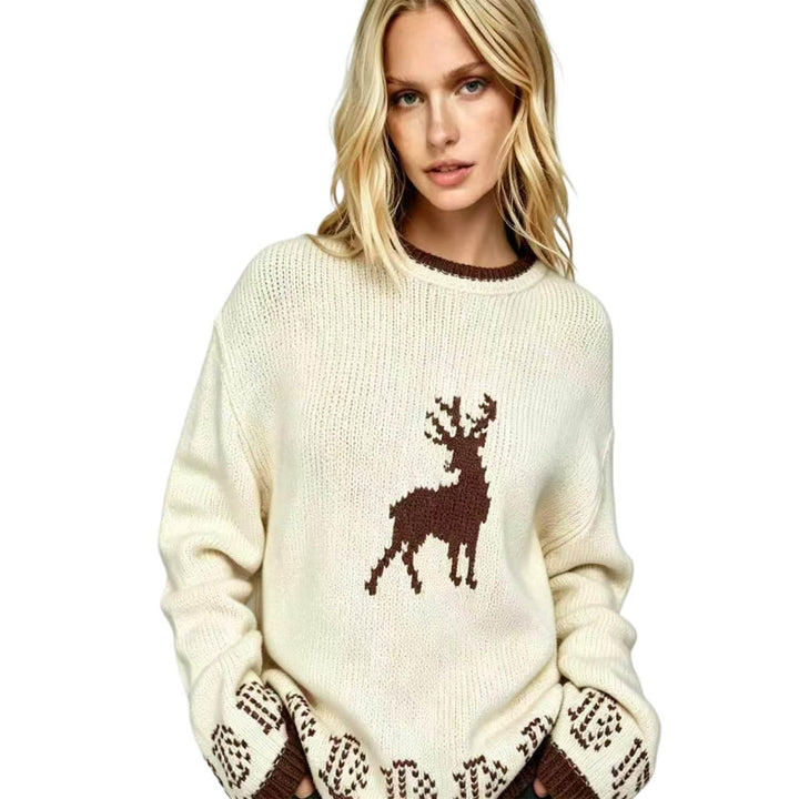 Women's Oversize Knit Sweater with Deer Intarsia, Round Neckline and Norwegian Cuffs Mune Fashion