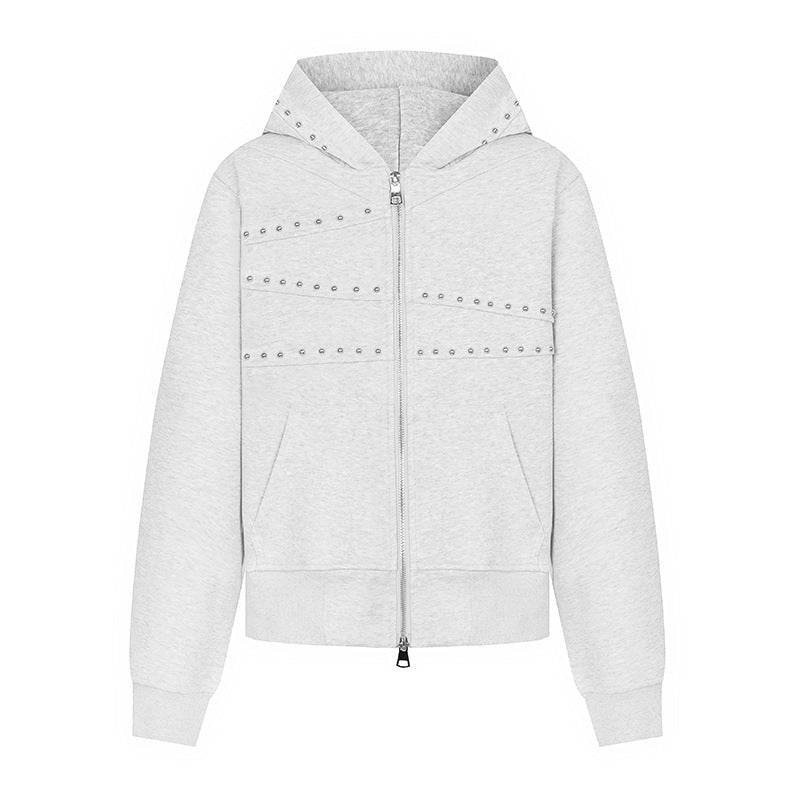 Women's hooded sweat jacket with studded accents, full-length zipper, and kangaroo pockets Mune Fashion