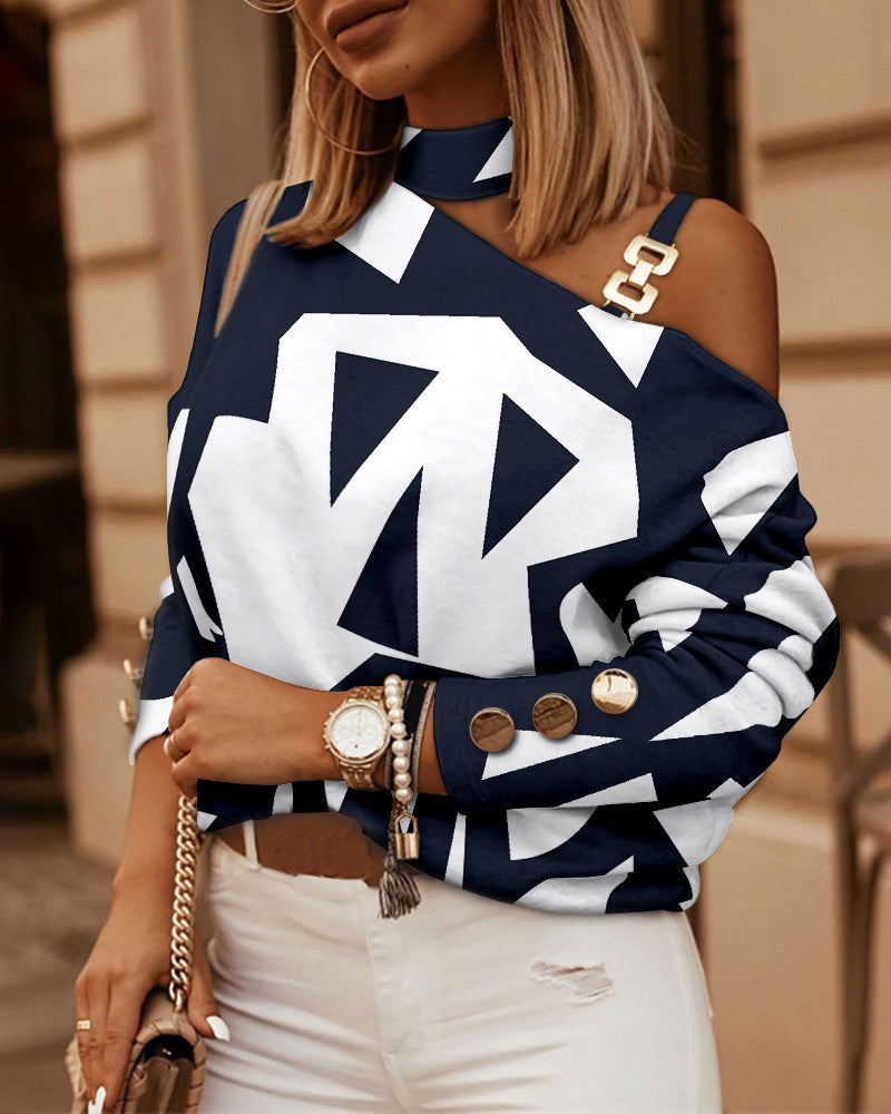 Women's Asymmetrical Off-Shoulder Long Sleeve Shirt with Choker Collar and Shoulder Straps Mune Fashion