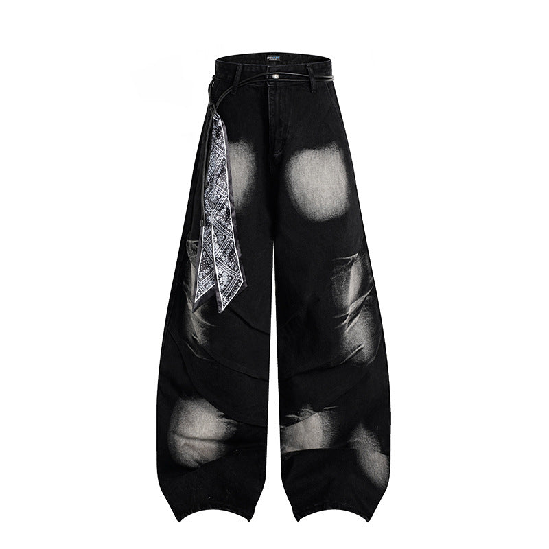 Women's extra wide distressed jeans in baggy cut with tie-dye wash and scarf belt Mune Fashion