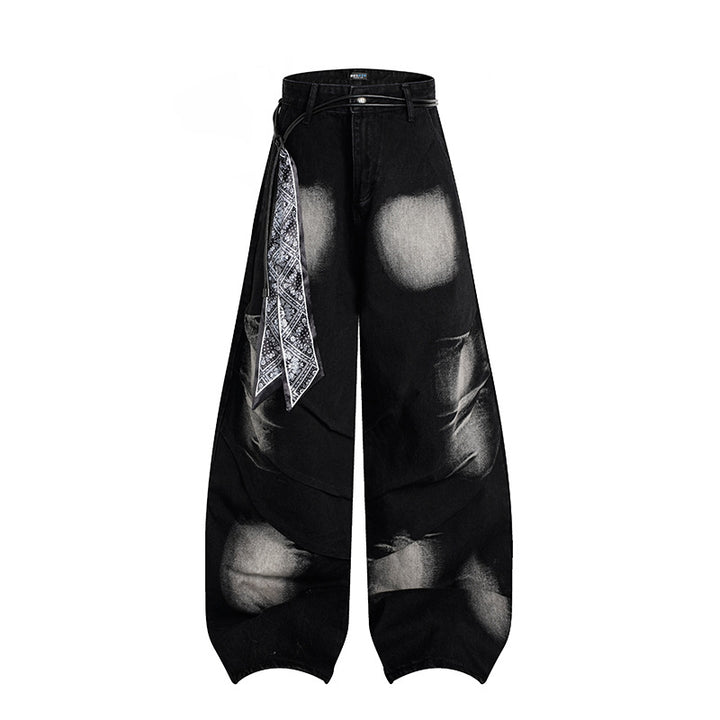 Women's extra wide distressed jeans in baggy cut with tie-dye wash and scarf belt Mune Fashion
