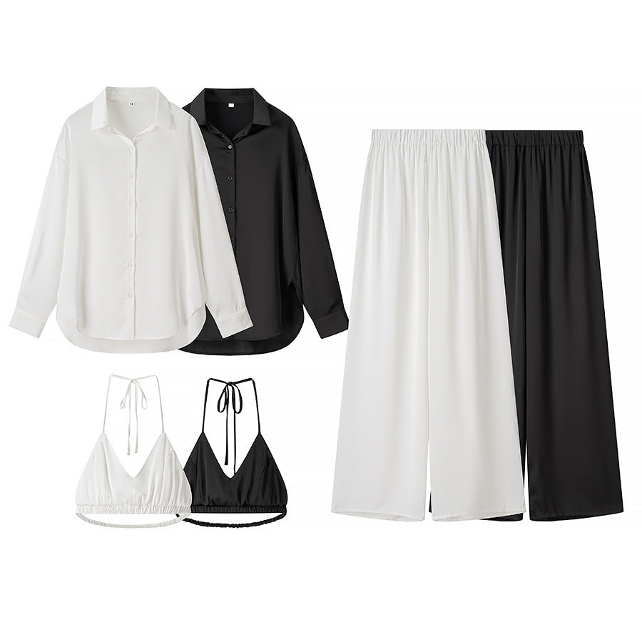 Ladies' elegant three-piece set oversize shirt high waist wide leg trousers and halter crop top Mune Fashion