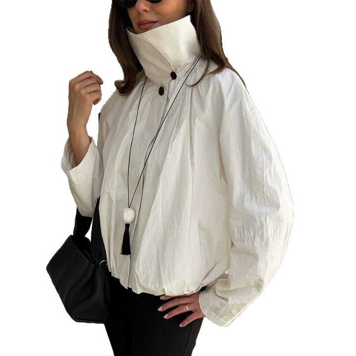 Women's short jacket with high stand-up collar, gathered shoulder area, and elastic hem Mune Fashion