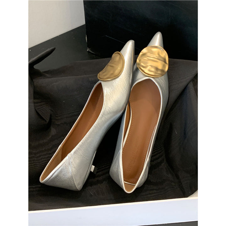 Women's pointed metallic slippers with discreet wedge heel and applied decorative vamp Mune Fashion