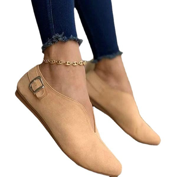 Women Flat Slip-on Ballerina with Pointed Toe Cap, V-Neck and Decorative Buckle Mune Fashion