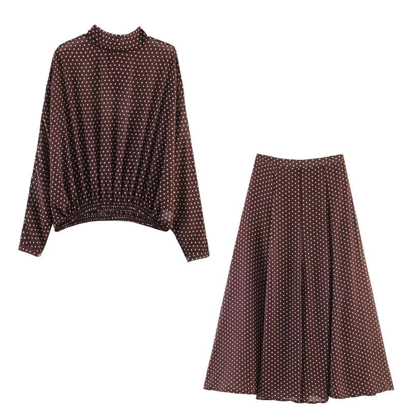 Women's Two-Piece Polka Dot Set with Stand Collar Blouse and Flared Midi Skirt Mune Fashion