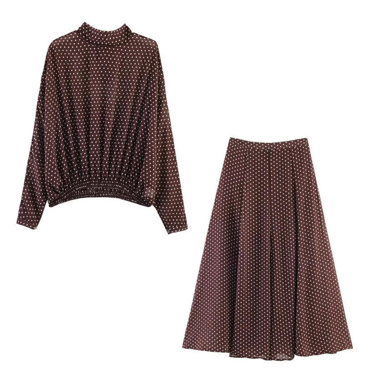 Women's Two-Piece Polka Dot Set with Stand Collar Blouse and Flared Midi Skirt Mune Fashion