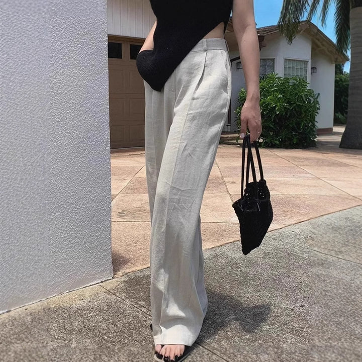 Women Wide Linen Blend Pants with High Waist, Crease and Side Pockets Mune Fashion