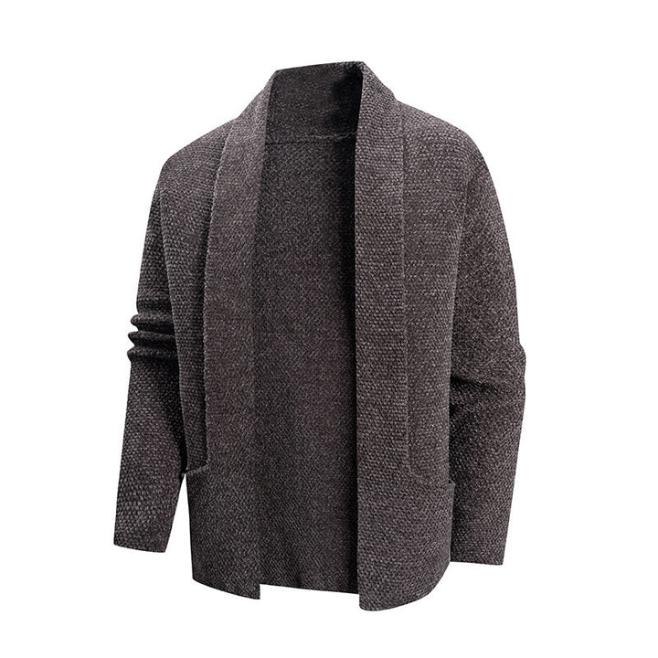 Men's open knit coat with wide falling shawl collar and patch hip pockets Mune Fashion