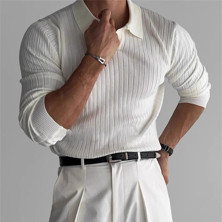 Men's fitted ribbed polo sweater with open V-neck and slim fit Mune Fashion