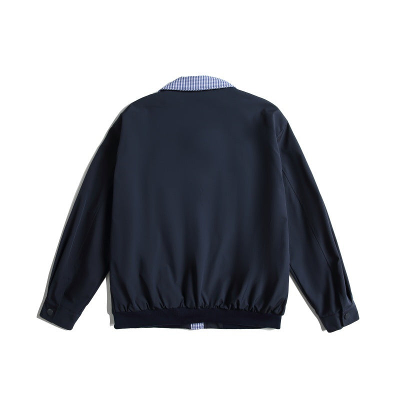 Men's Lightweight Harrington Bomber Jacket with Checkered Shirt Collar and Flap Pockets Mune Fashion