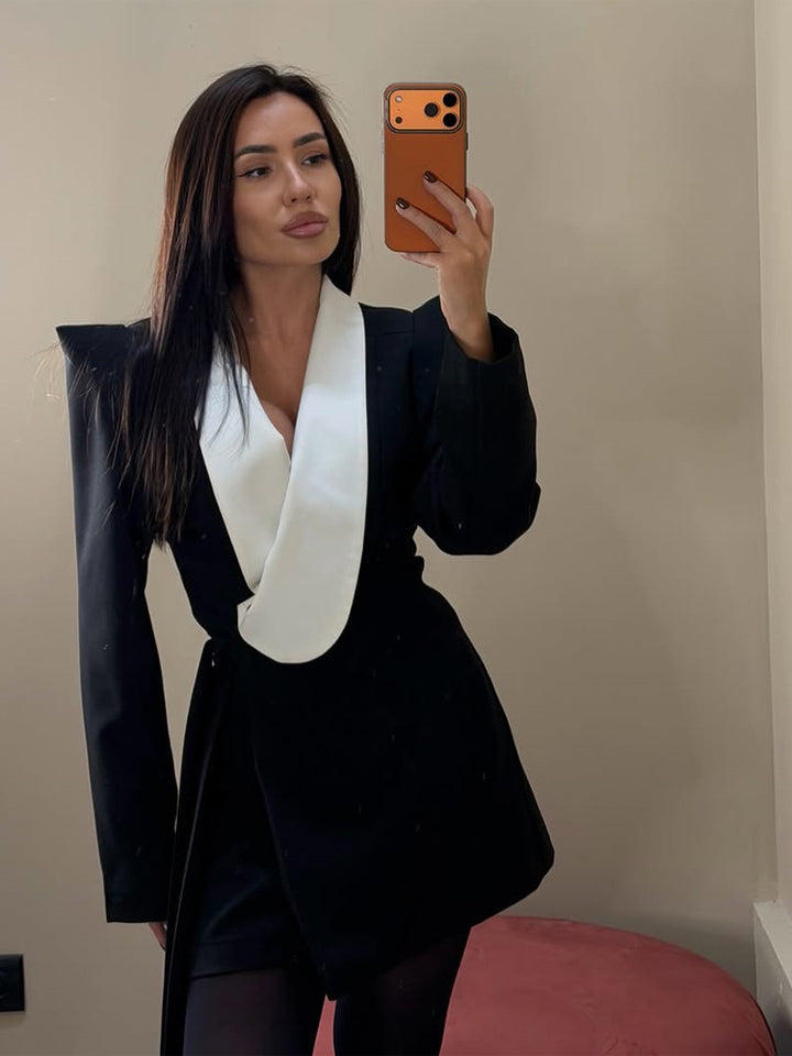 Women Tailored Blazer Dress with Contrasting Shawl Collar and Structured Shoulders Mune Fashion