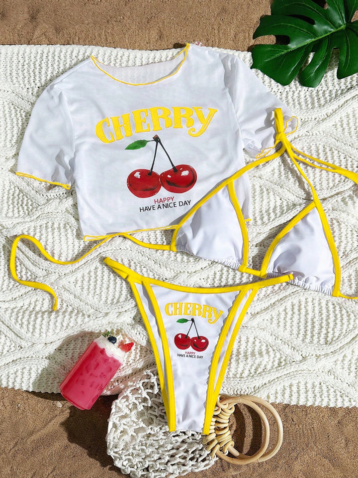 Women's bikini set with trendy cherry motif and casual crop top Mune Fashion