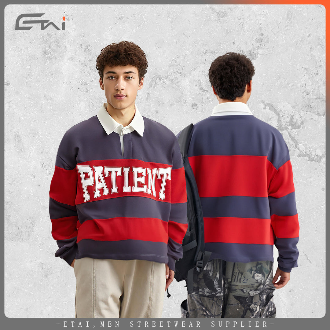 Men Striped Rugby Polo Sweatshirt with Contrast Collar and Oversized Fit Mune Fashion