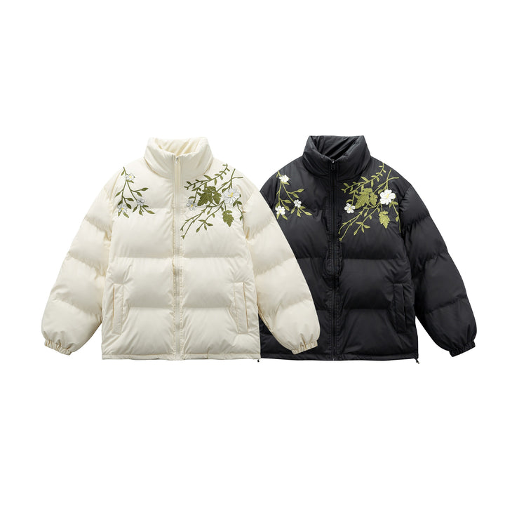 Women's Padded Oversized Quilted Jacket with Stand-up Collar and Floral Embroidery Mune Fashion