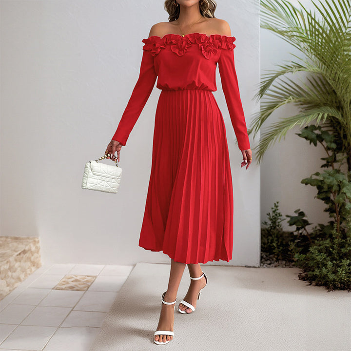 Women Elegant Off-Shoulder Pleated Dress Mune Fashion