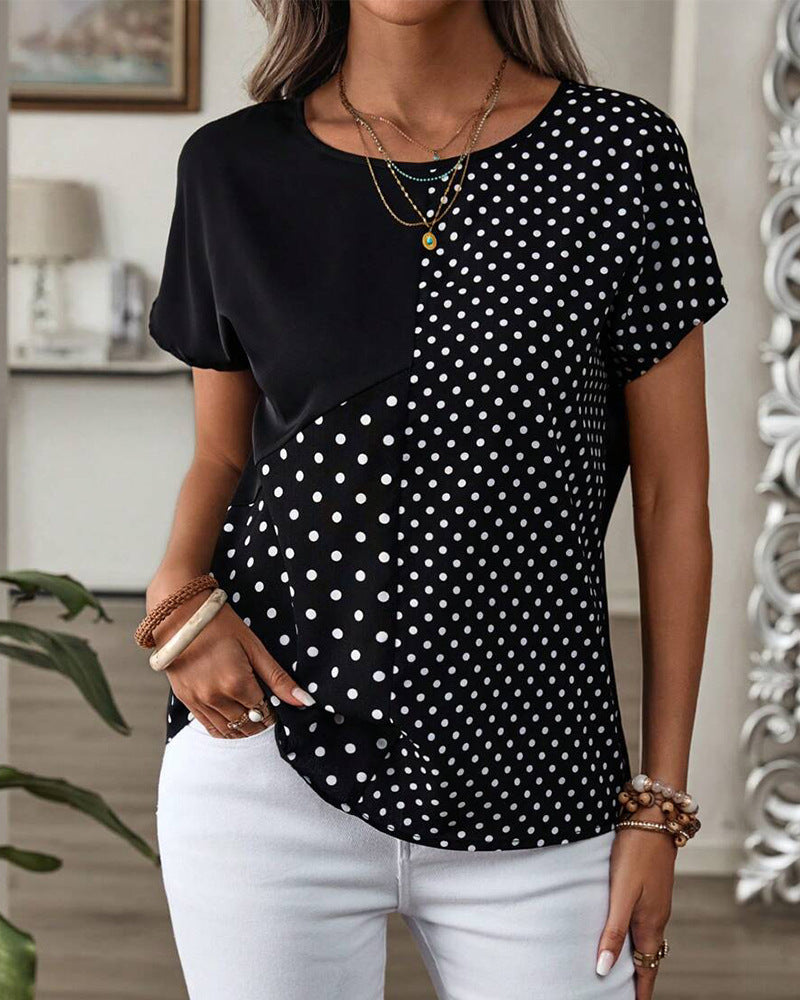 Women nan casual polka dot short sleeve top with asymmetrical seam and round neck Mune Fashion