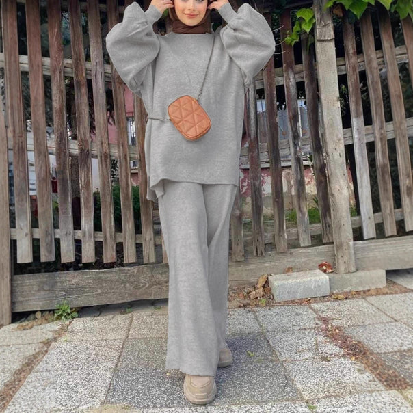 Women's Oversize Knit Set with Balloon Sleeves & Wide Palazzo Pants Leg Mune Fashion