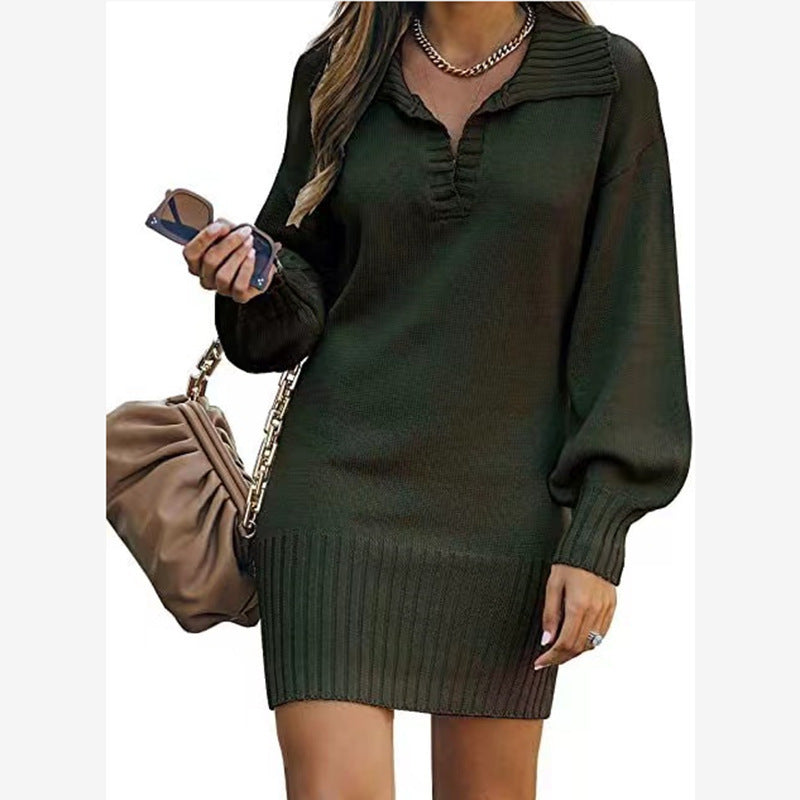 Women's off-shoulder knitted mini dress with wide V-neckline and ribbed waistband Mune Fashion