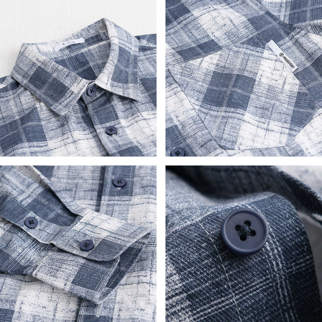 Men's Lightweight Checkered Layering Overshirt made of Cotton-Linen Blend with Diagonal Chest Patch Mune Fashion